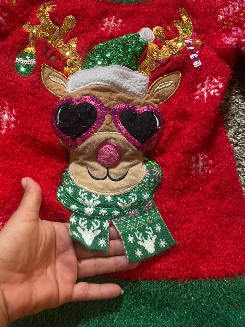 Holiday Time Red Holiday Sweater with Green Trim and Reindeer Motif